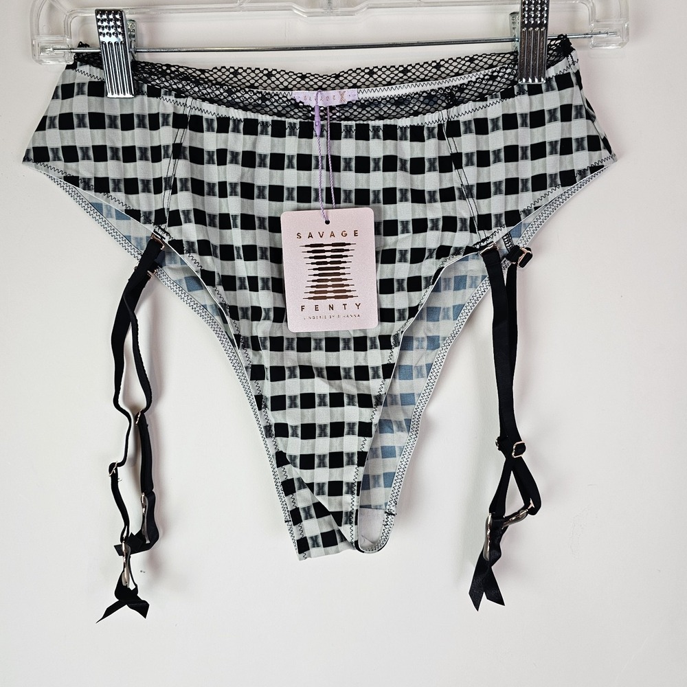Savage X Fenty‎ NWT Gingham Check Black White Panties With Garters Size Medium